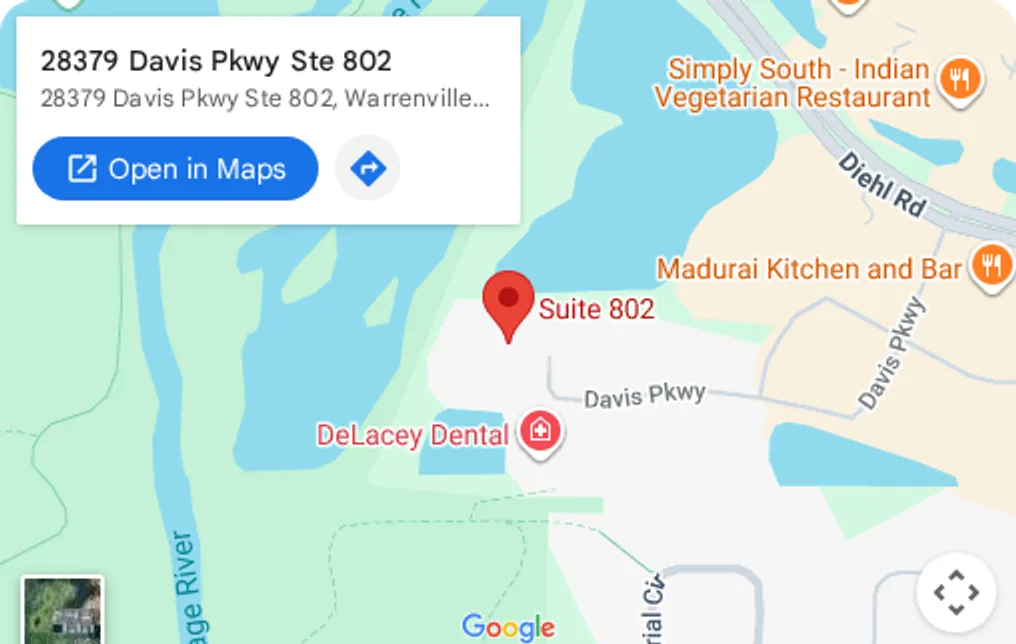 Map showing Salon Jean Marie at 28379 Davis Pkwy Ste 802, Warrenville, IL. Open in Google Maps